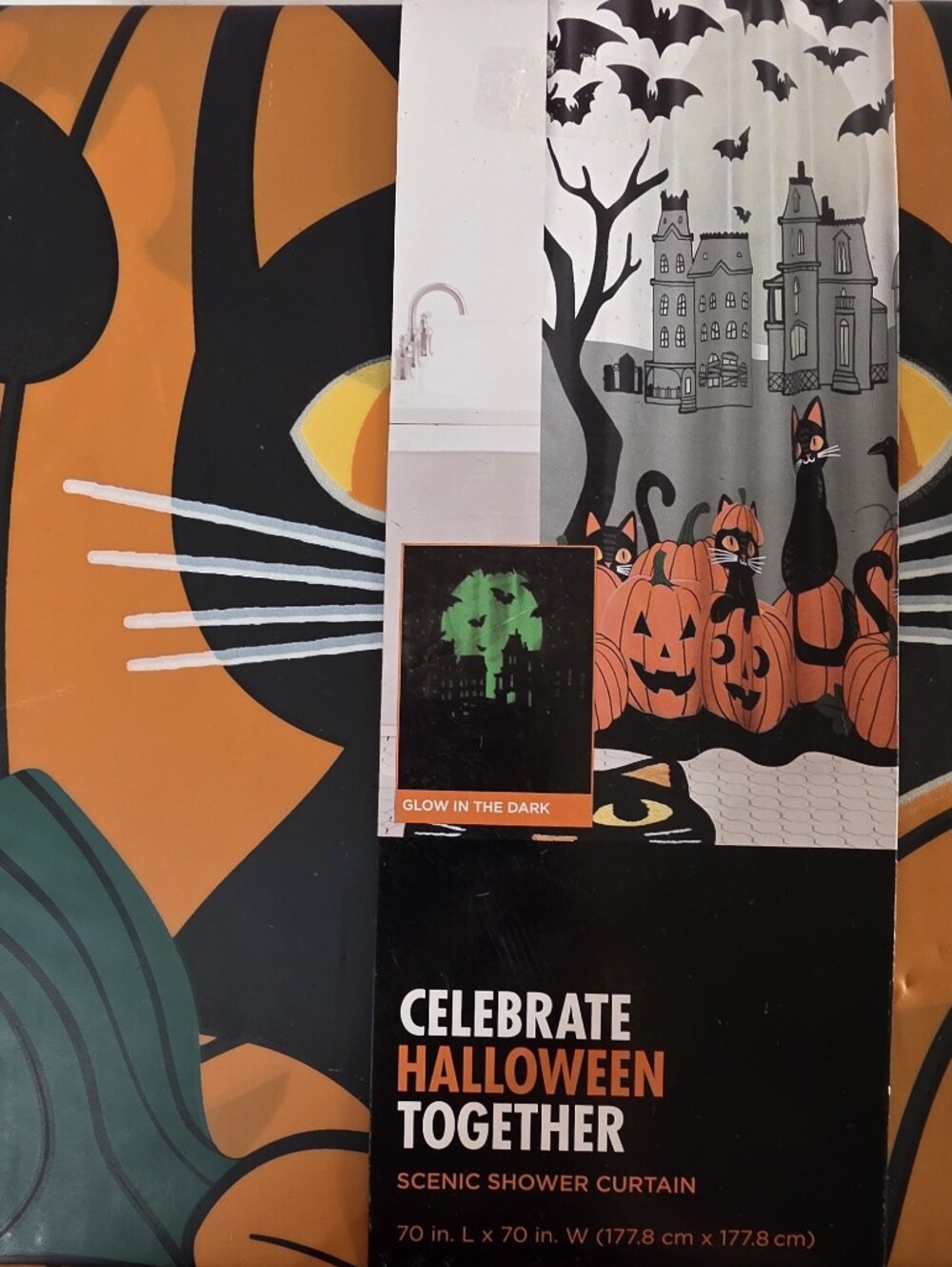 Celebrate Halloween Together Orange Black Scenic Cat Shower Curtain Glow In Dark